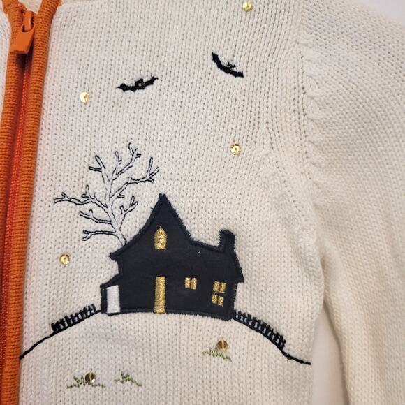 Halloween Pumpkin Sweater Hooded Youth 6/6X Scarecrow House Bat Full Zip Tassels - Picture 4 of 15